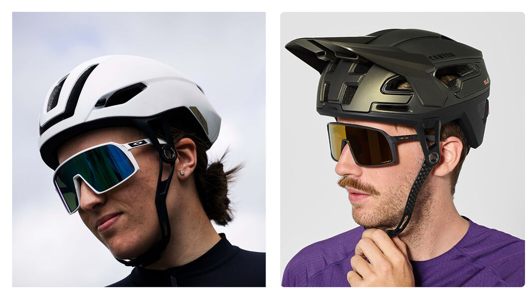Side-by-side image showing Canyon CFR Helmet on a road cyclist (left) and Canyon Trail Helmet on a mountain biker (right), highlighting key cycling essentials