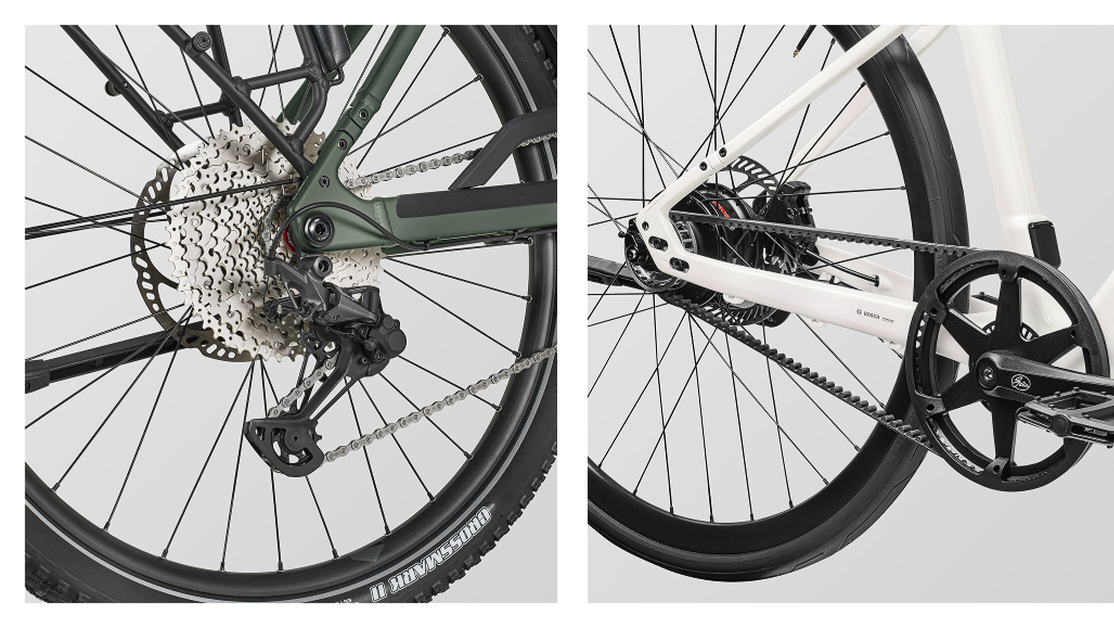 (Left) Pathlite:ON: Chain drive for ultimate gear range. (Right) Roadlite:ON: Belt drive for zero-hassle maintenance
