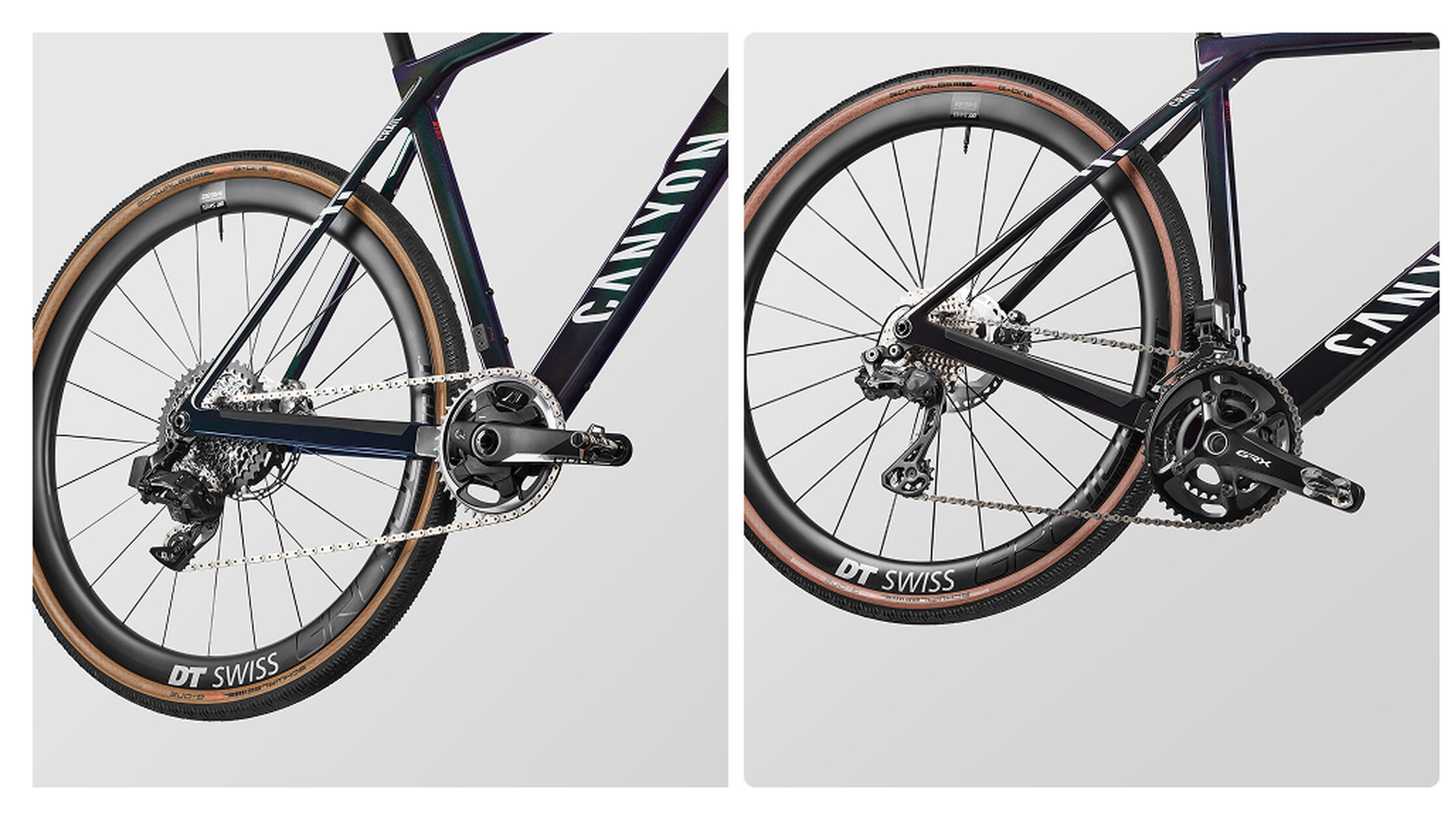 Imagen en paralelo de la Grail CFR eTap con transmisi&oacute;n 1x y la Grail CF SLX Di2 con configuraci&oacute;n 2x, destacando las opciones de marchas de la bicicleta gravel para mejorar el rendimiento y la versatilidad