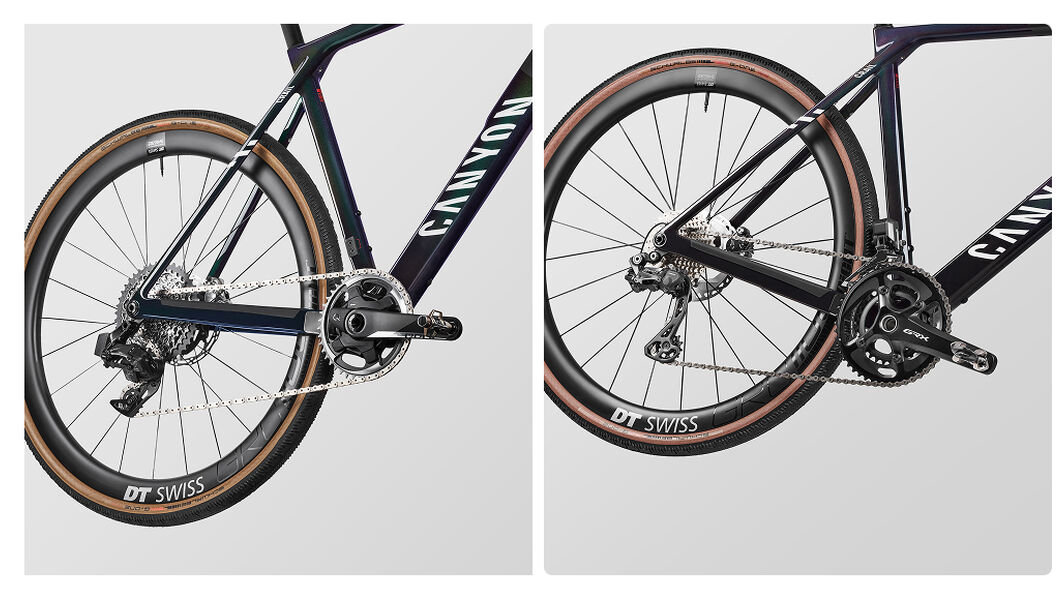 Gravelbike-Antrieb im Vergleich: Grail CFR eTap (links) mit 1x vs. Grail CF SLX Di2 (rechts) mit 2x &ndash; maximale Kontrolle trifft auf minimalen Aufwand.