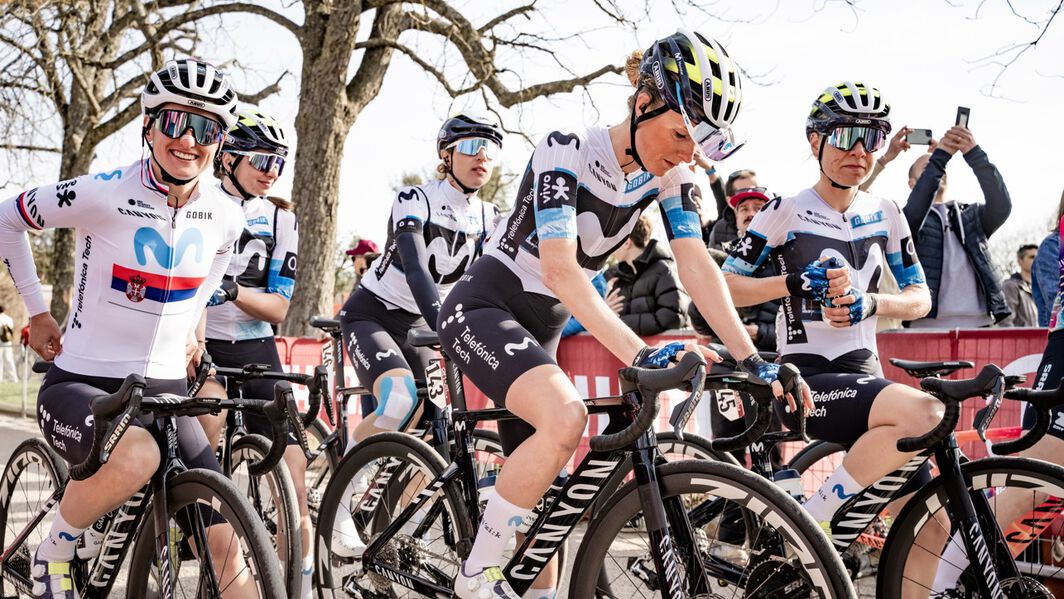 Movistar Team Women powering through the Team Time Trial stage at La Vuelta España aboard their Canyon bikes.
