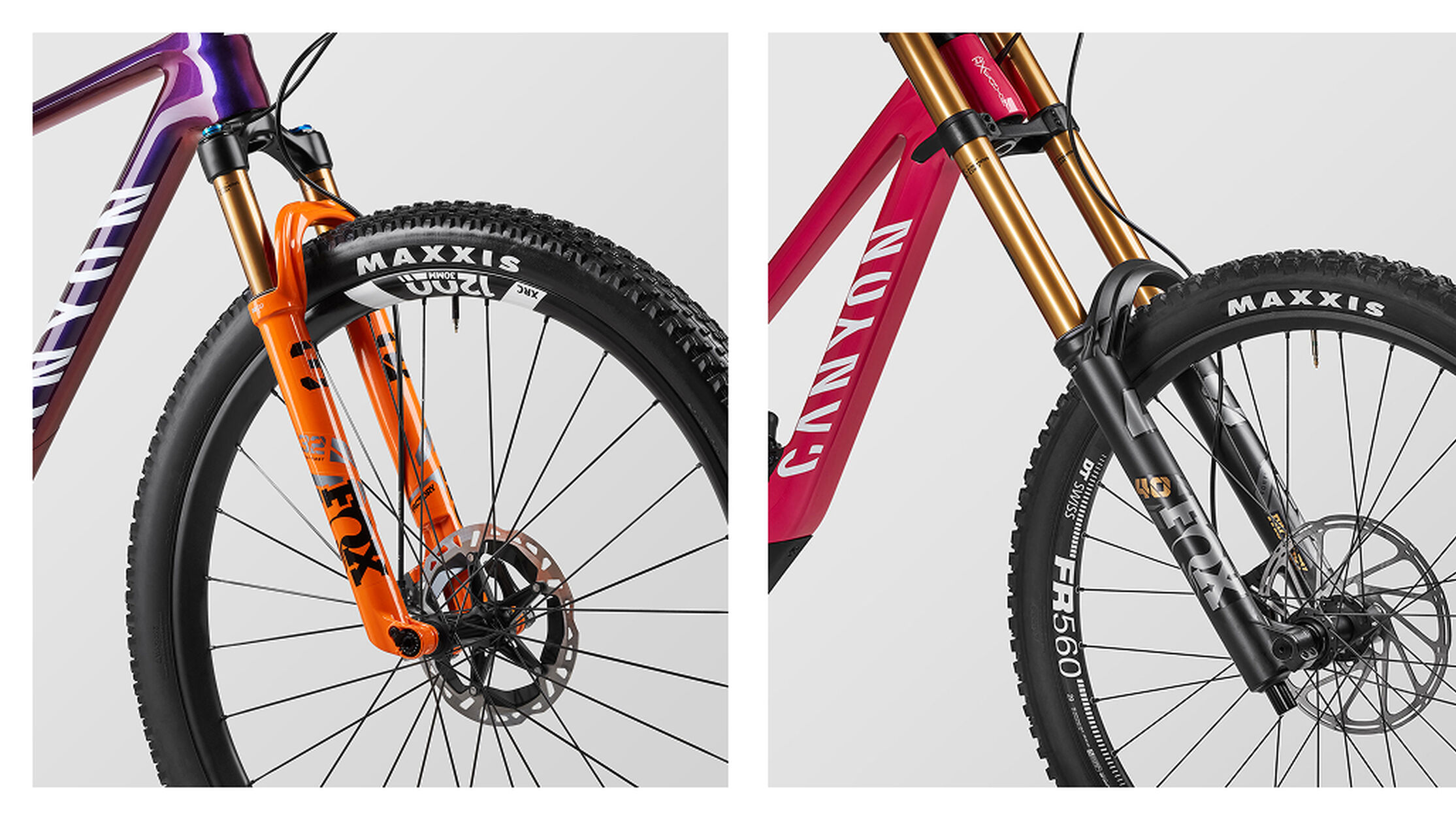 (Left) Exceed CFR: slacker headangle for XC agility. (Right) Sender CFR: extreme slack angle and massive stack for DH stability. 