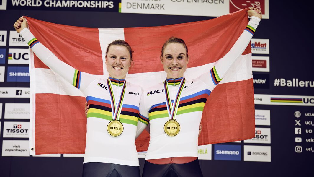 Amalie Dideriksen and Julie Leth celebrate their gold medal victory in the Madison at the UCI Track World Championships Amalie Dideriksen and Julie Leth celebrate their gold medal victory in the Madison at the UCI Track World Championships