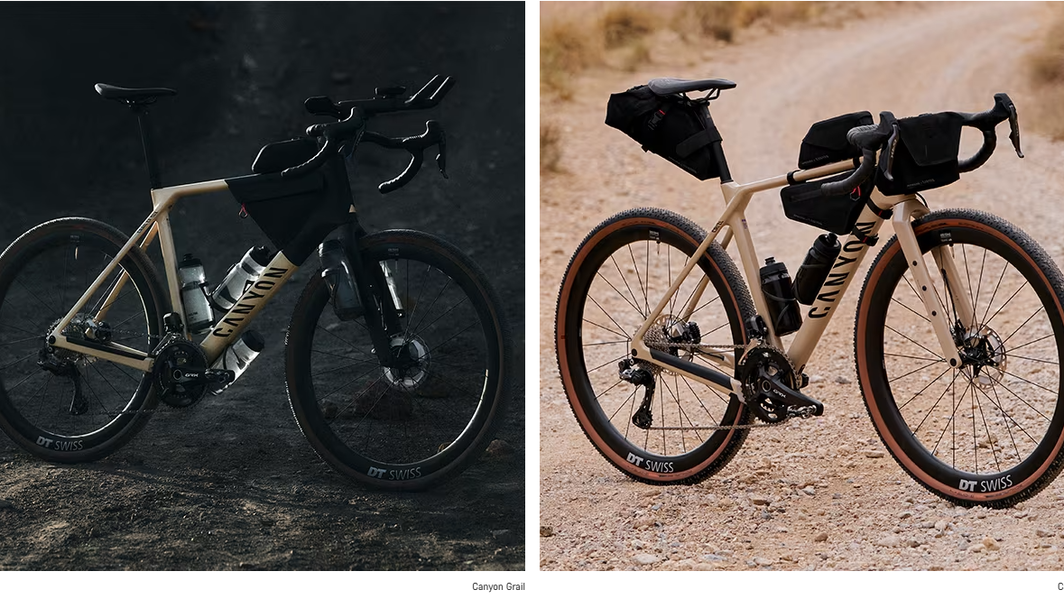 Canyon Grail vs Grizl – utstyr og oppbevaringsoppsett for terrengsykling Sammenligning side ved side av Canyon Grail og Canyon Grizl grussykler som viser forskjellige rammevesker og oppbevaringsoppsett for utstyr designet for grus- og fjellturer.